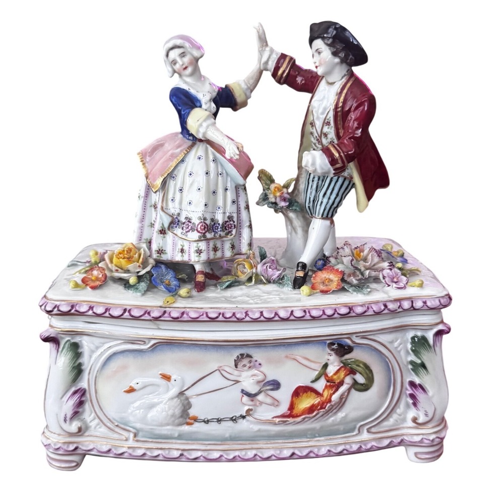 Antique  Porcelain Trinket Box Courting Couple Repaired Lid Broke Hand on Man